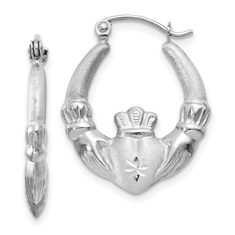 Curata 14k White Gold SatinCladdagh Celtic 2x21mm Small Hoop Earrings