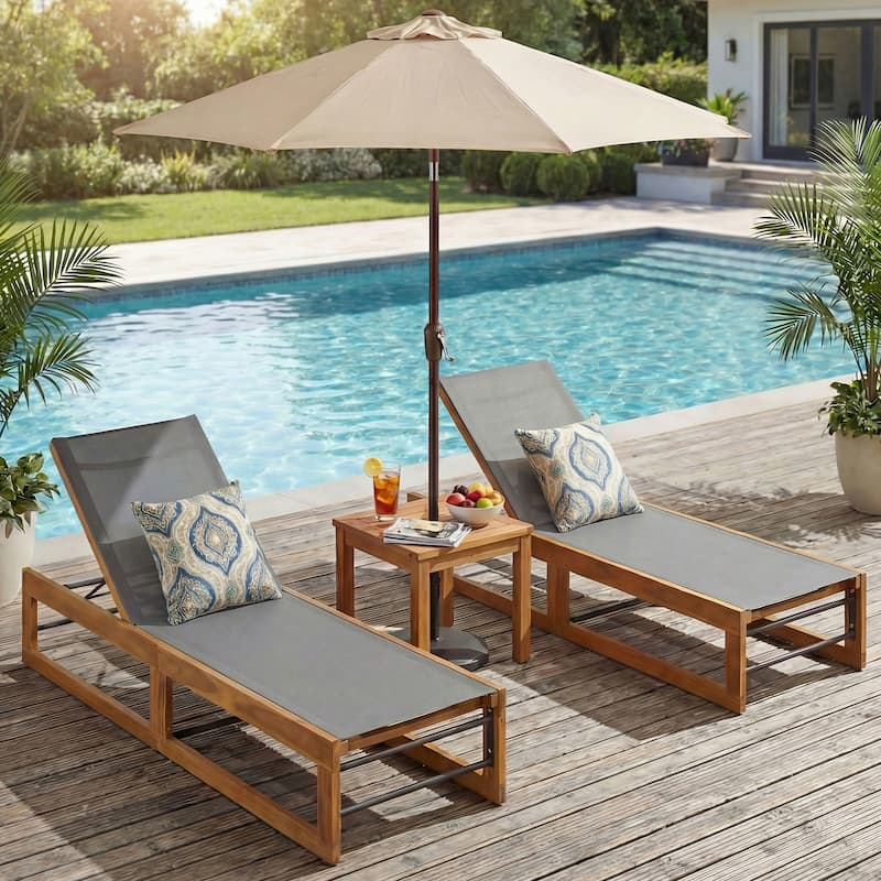 Emile Outdoor Mesh and Wood Chaise Lounge (Set of 2) by Christopher Knight Home - Teak Finish+ Dark Grey