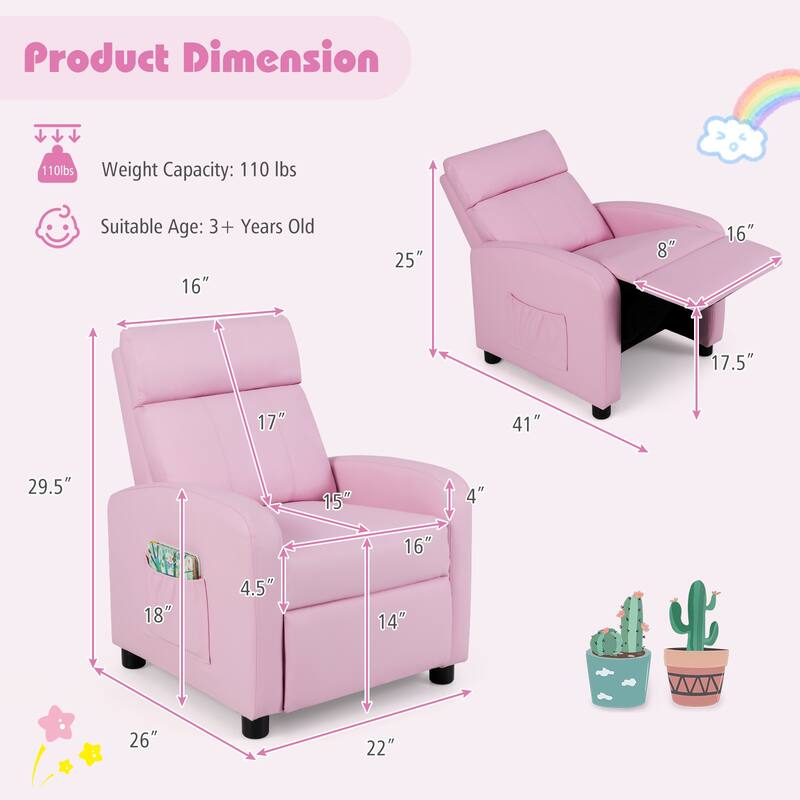Pink Adjustable Reclining PU Leather Cushion Seat Chair for Kids with Footrest and Storage Pocket