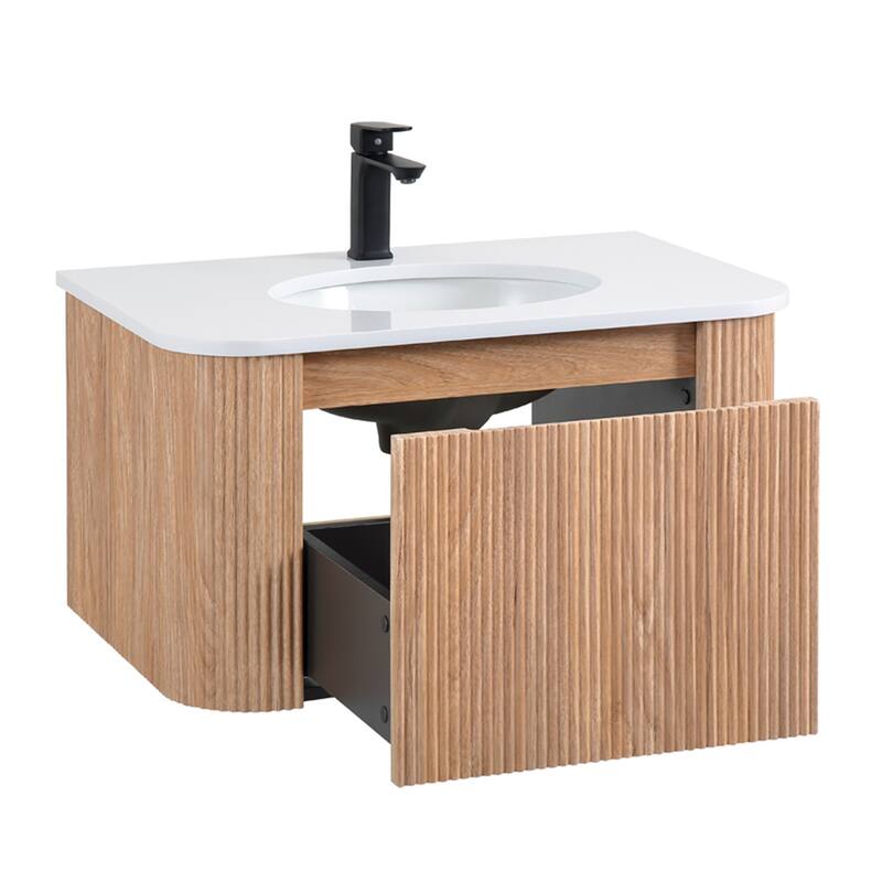 30" Wall Mounted Bathroom Vanity with Sink Curved Design, Soft Close Drawer