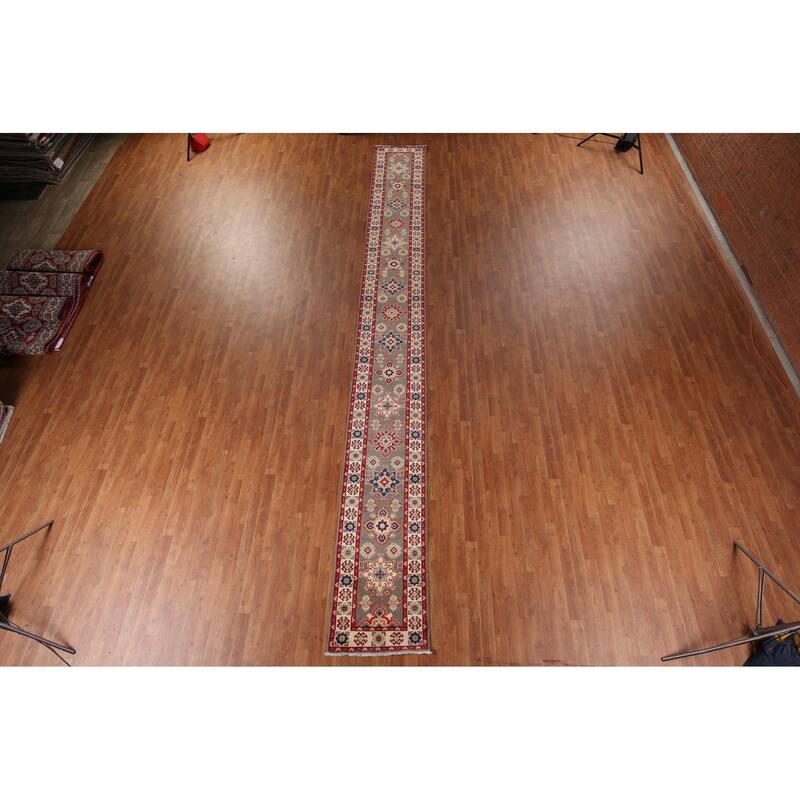 Geometric Kazak Oriental Runner Rug Handmade Wool Carpet - 2'1" x 19'2"