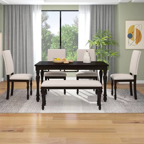 6-Piece Wood Dining Set with Rectangular Table&4 Upholstered Chairs&Bench for Dining Room, Nailheads Decor&Cylindrical Legs