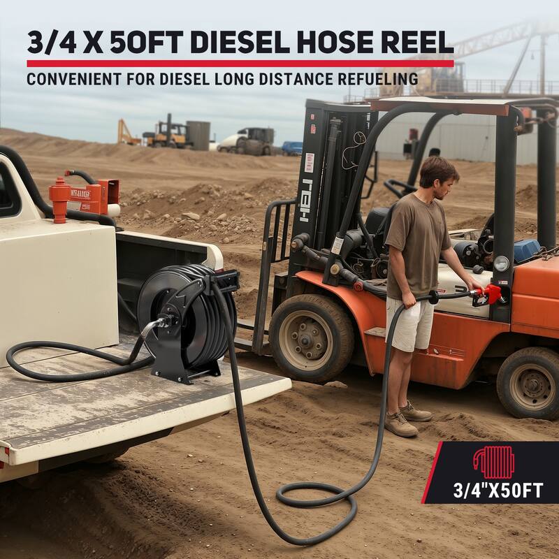 Fuel Hose Reel Retractable 3/4" x 50' 300 PSI Industrial Heavy Duty Diesel Fuel Hose Reel Steel Construction