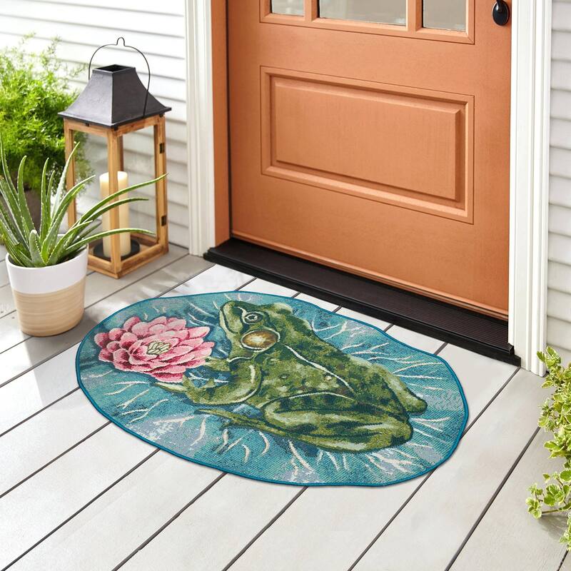 Liora Manne Esencia Frog And Lotus Indoor/Outdoor Mat Green 3'3" x 2'1" SHAPED - 3'3" x 2'1" SHAPED