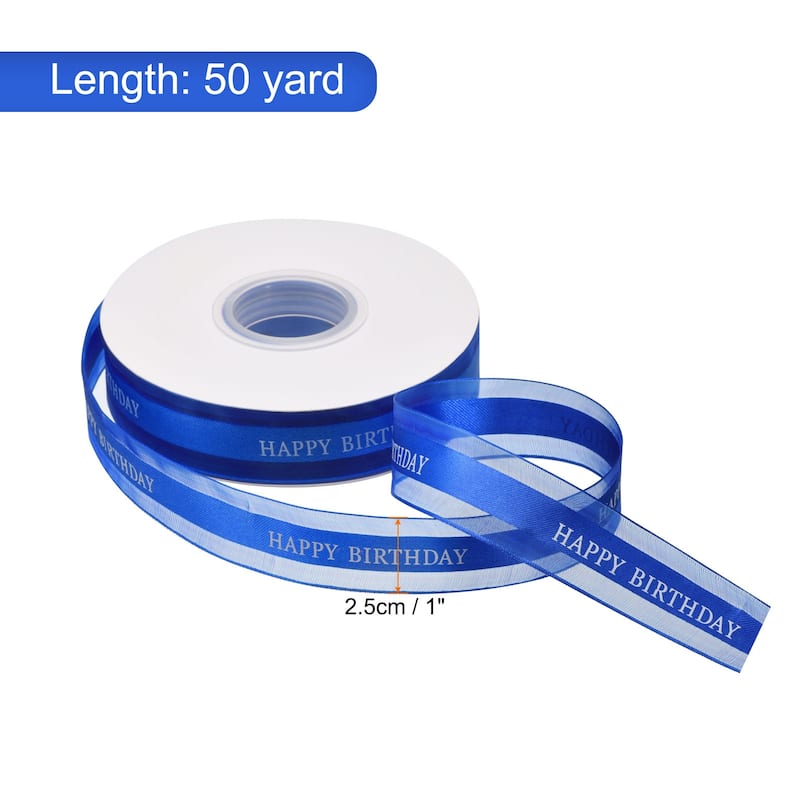1" 50 Yard Happy Birthday Ribbon Chiffon Organza Satin Ribbon - Blue