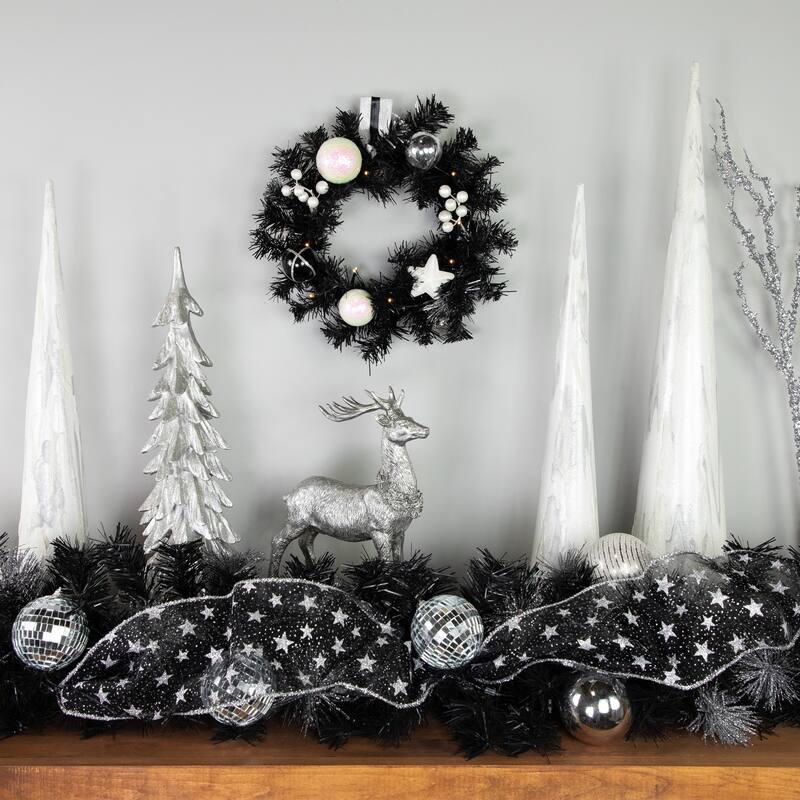 16" Decorated Black Pine Artificial Christmas Wreath Cool White LED