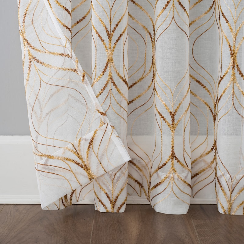 No. 918 Raina Space Dyed Trellis Embroidery Sheer Rod Pocket Curtain Panel, Single Panel