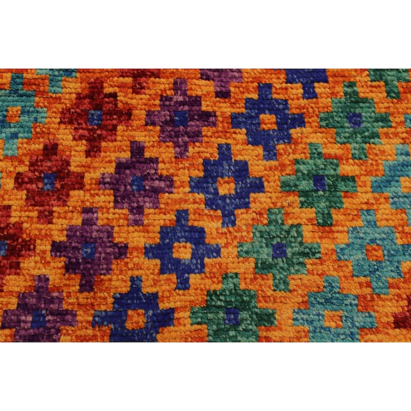 Modern Balochi Fry Orange/Blue Hand Knotted Wool Rug - 3'4'' x 4'10''