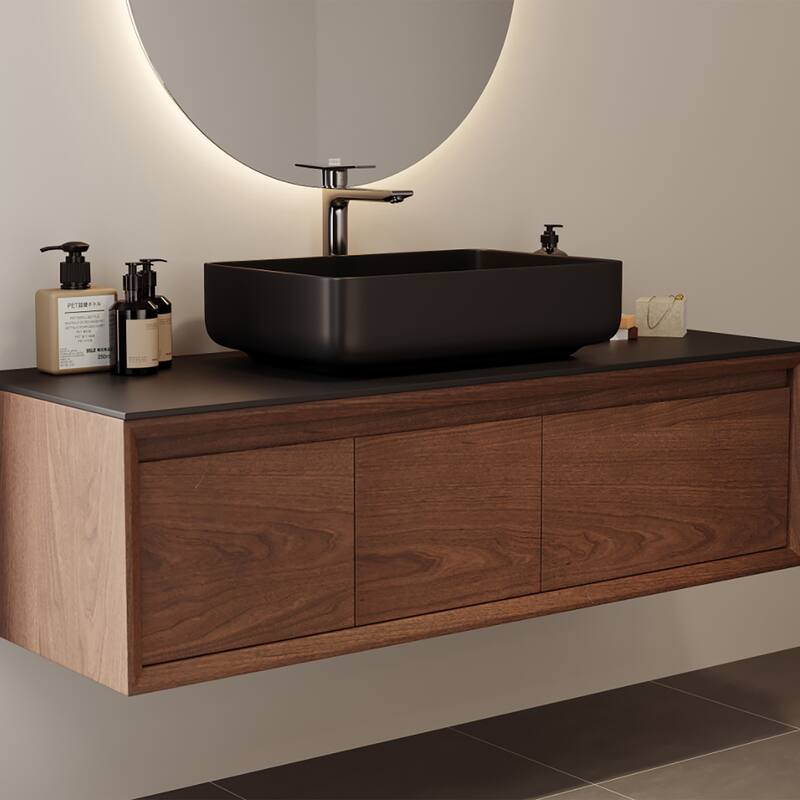 48" Modern Floading Single Bathroom Vanities, Solid Wood, Glossy Stone Vessel, Brown &Light Wood, Not Assembled Need