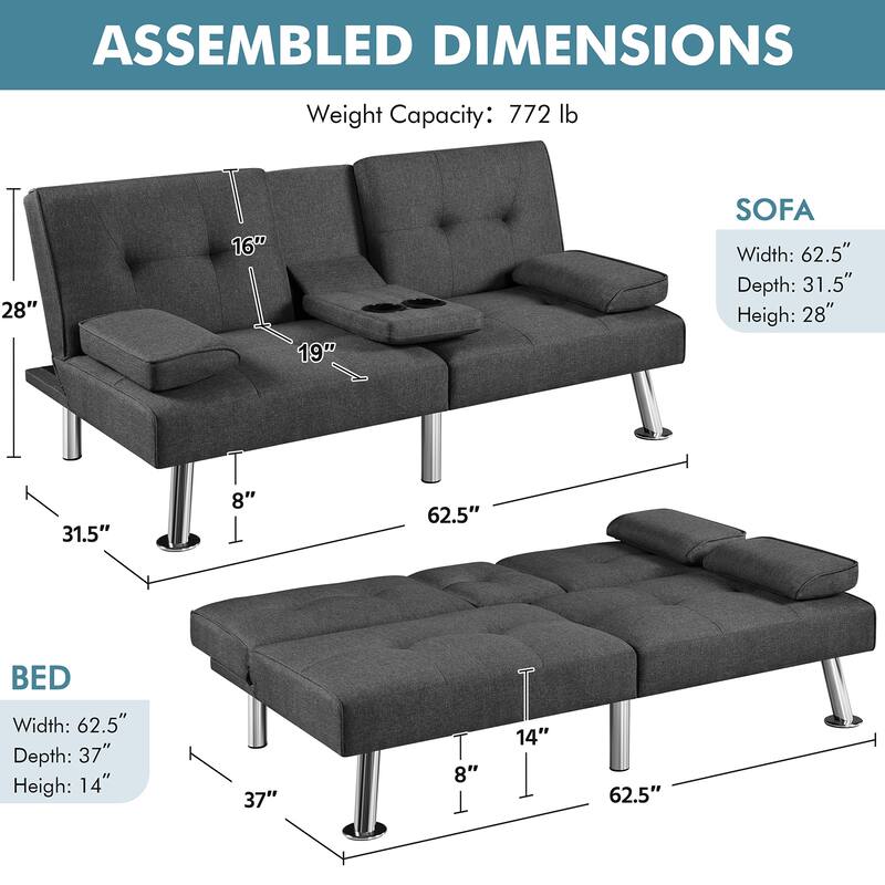 Yaheetech Fabric Upholstered Convertible Futon Sofa Bed