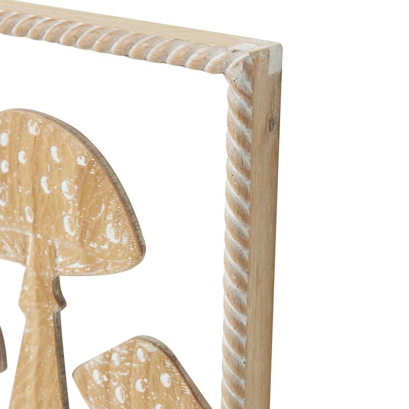 Wooden Mushroom Cutout Home Wall Decor with Carved Twisted Frame and White Floral Accents - Set of 2 Brown - Roche River Decor
