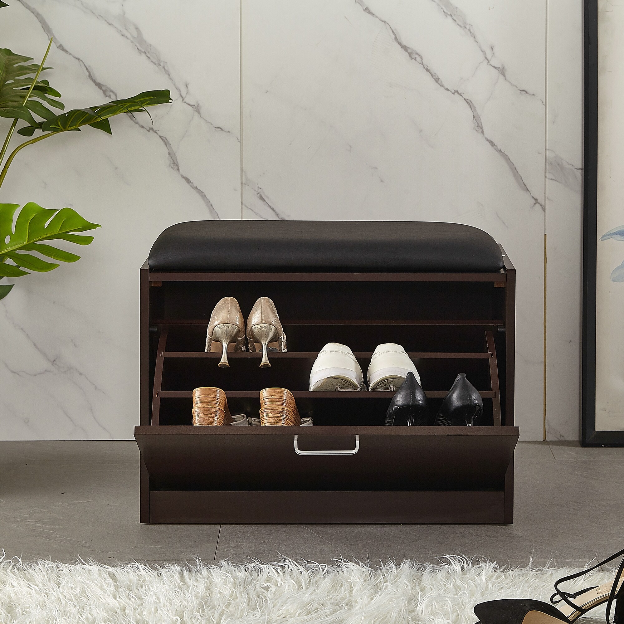 Living room shoe bench with PU seat small size shoe cabinet