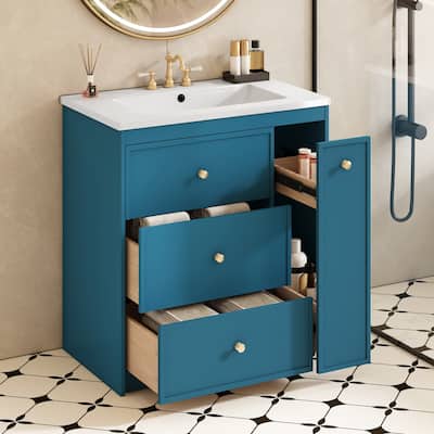 Roomfitters 30" Vanity with Ceramic Sink, Freestanding Cabinet with 4 Drawers, Modern Storage Solution for Bathroom, Blue