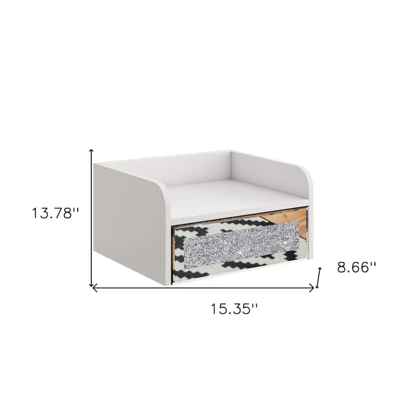 14" White Wood Faux Crystal Bling And Mirrored Glass One Drawer Floating Nightstand