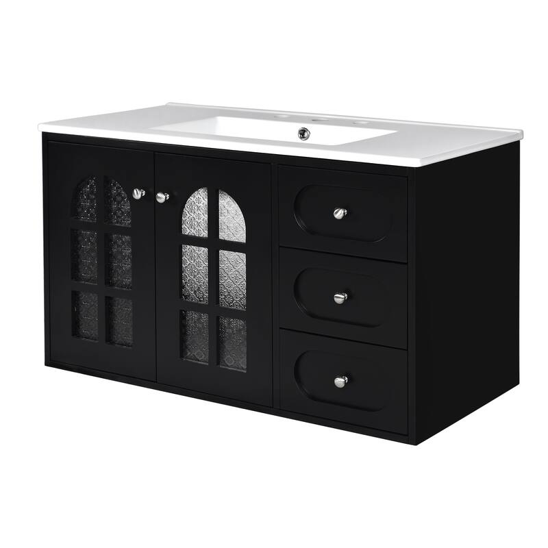 Floating Bathroom Vanity Black Wall Cabinet with Basin Sink Platform, Hazy Embossed Glass Doors, 3 Drawers and Metal Knobs