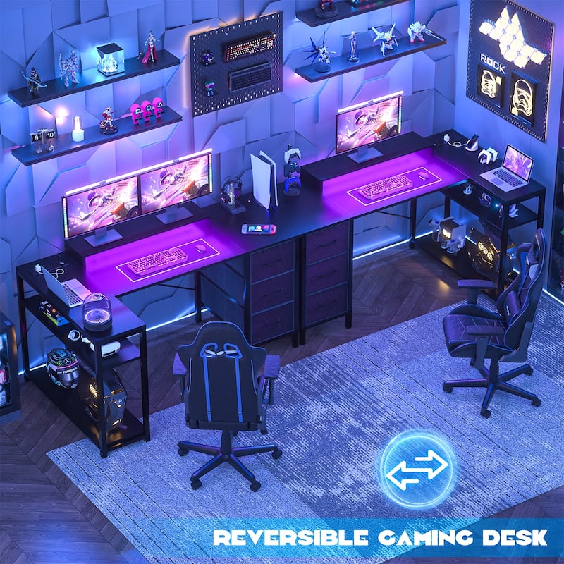Reversible 53'' L Shaped Computer Desk with Power Outlets & LED Lights,Gaming Desk with 3 Drawers & Monitor Stand