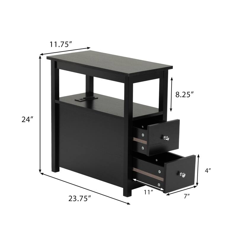 End Table with Charging Station, Narrow Sofa Side Table, Laundry Room Storage Wooden Nightstand Bedroom Furniture, White
