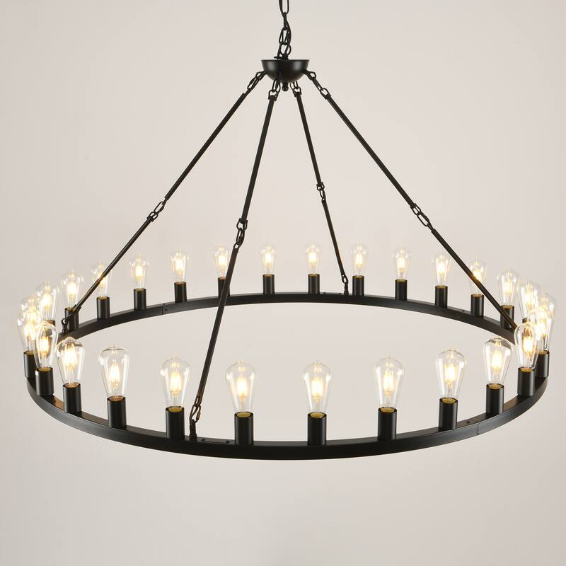 53.15 Inch Black Extra Large Wagon Wheel Chandelier, 28-Lights Round High Ceiling Adjustable Chain,E26