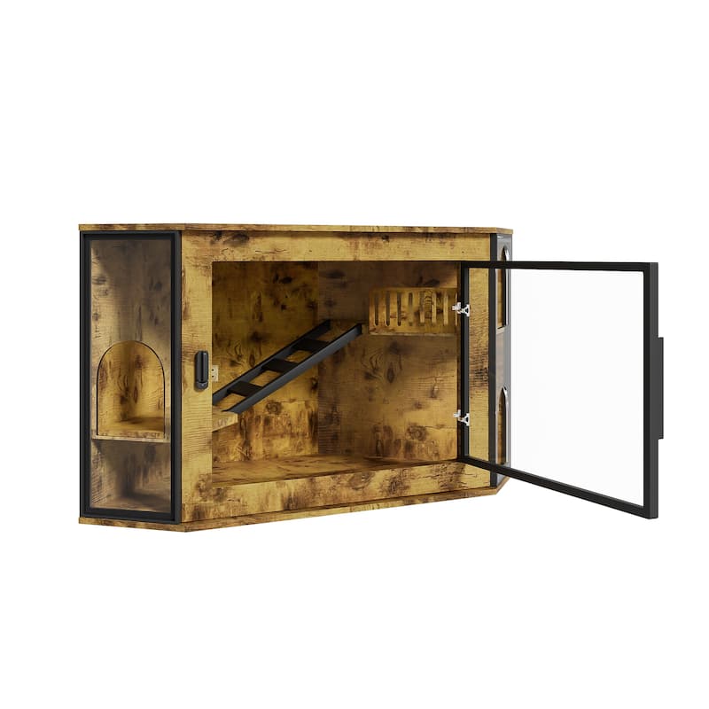 48" Corner Cat Litter Box Enclosure, Modern Hidden Litter Box Corner Cabinet with Acrylic Door and LED Light