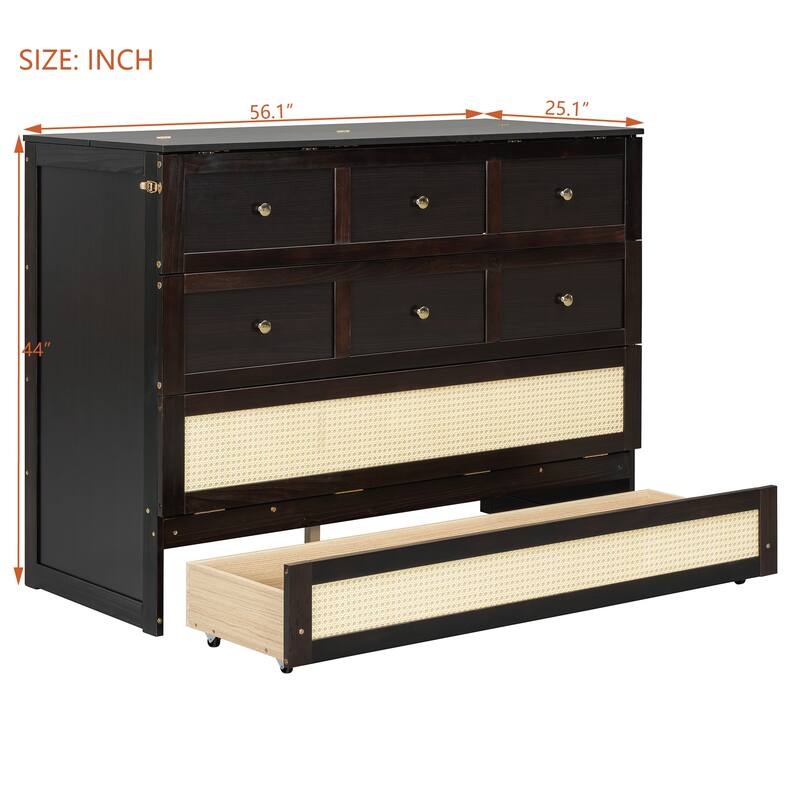 Full Size Murphy Bed with Large Storage Drawers, Space-Saving Foldable Wall Bed with Elegant Front Design