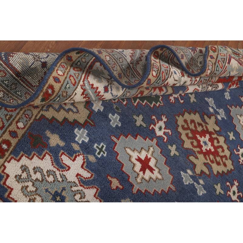 Blue Geometric Kazak Oriental Area Rug Handmade Wool Carpet - 7'10" x 9'9"