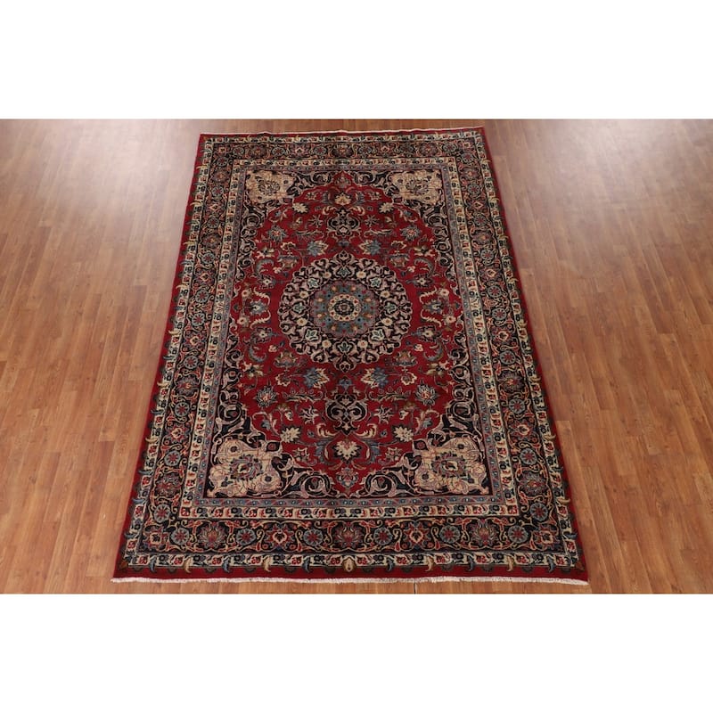 Traditional Red Mashad Persian Vintage Rug Hand-Knotted Wool Carpet - 6'7"x 10'0"