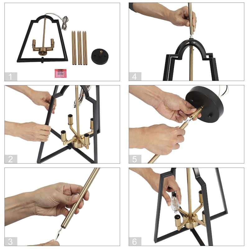 Modern 4-Light Geometric Chandelier Black Gold Pendant Lights for Dining Room - 14" W x 17.5" H