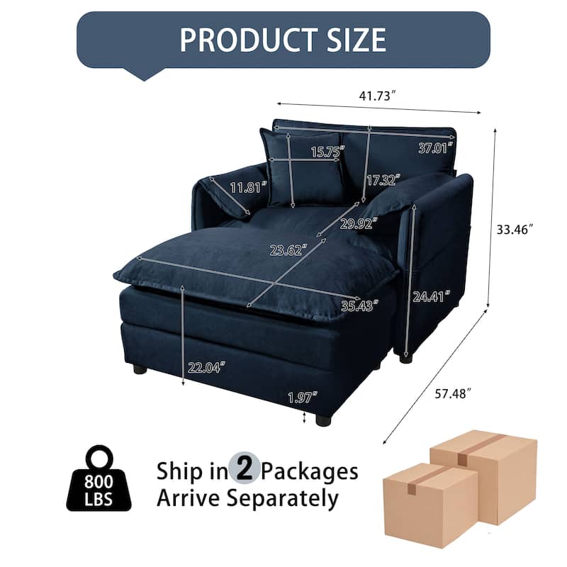 57.48" Recliner Chair with Movable Ottoman, Blue Chenille Upholstered Indoor Lounge Chair
