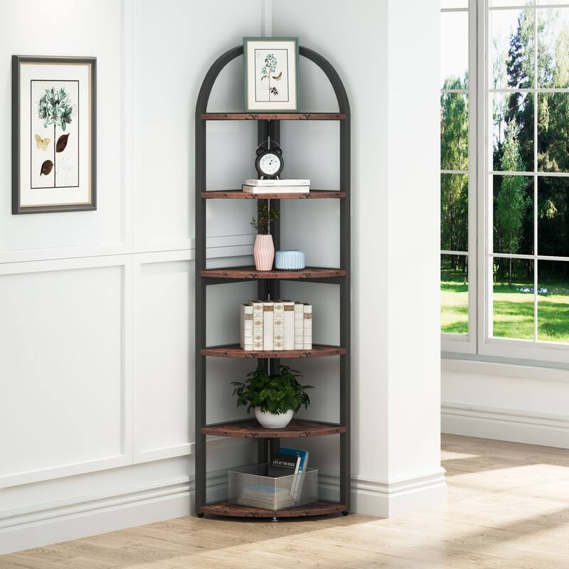 6 Tier/ 7 Tier Corner Shelf, Corner Bookshelf Plant Stand Display Rack - Rustic Brown