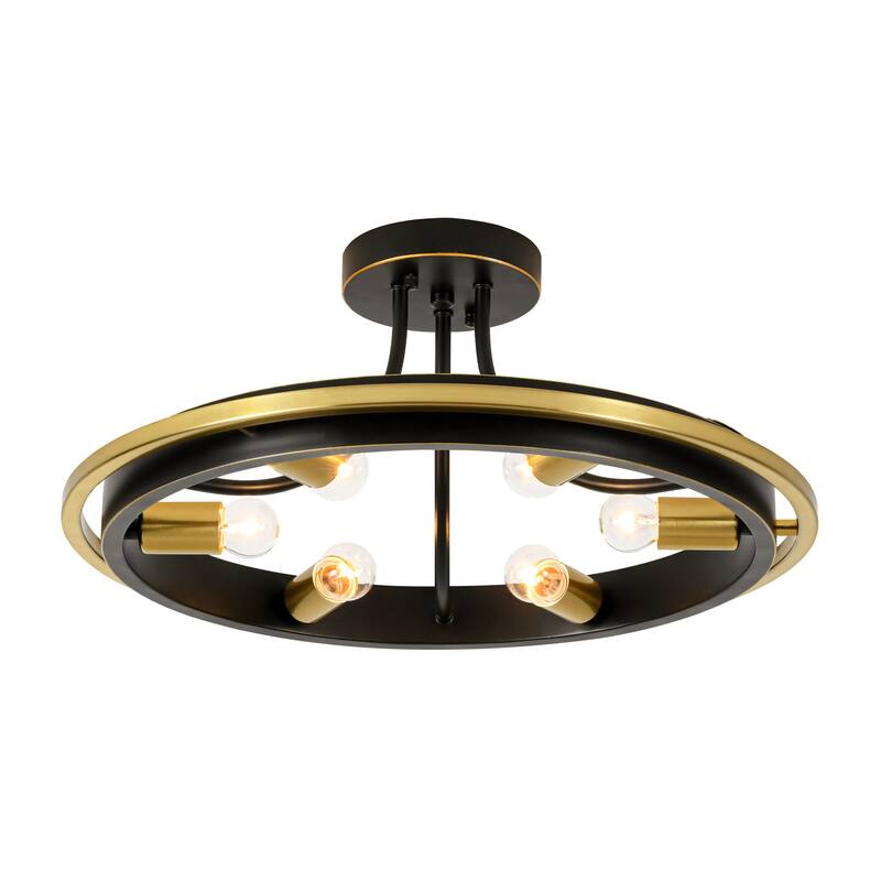 21.7" 6-Light Industrial Mette Black & Gold Wagon-Wheel Circle Ring Semi-Flush Mount Ceiling Light for Living Room, Kitchen