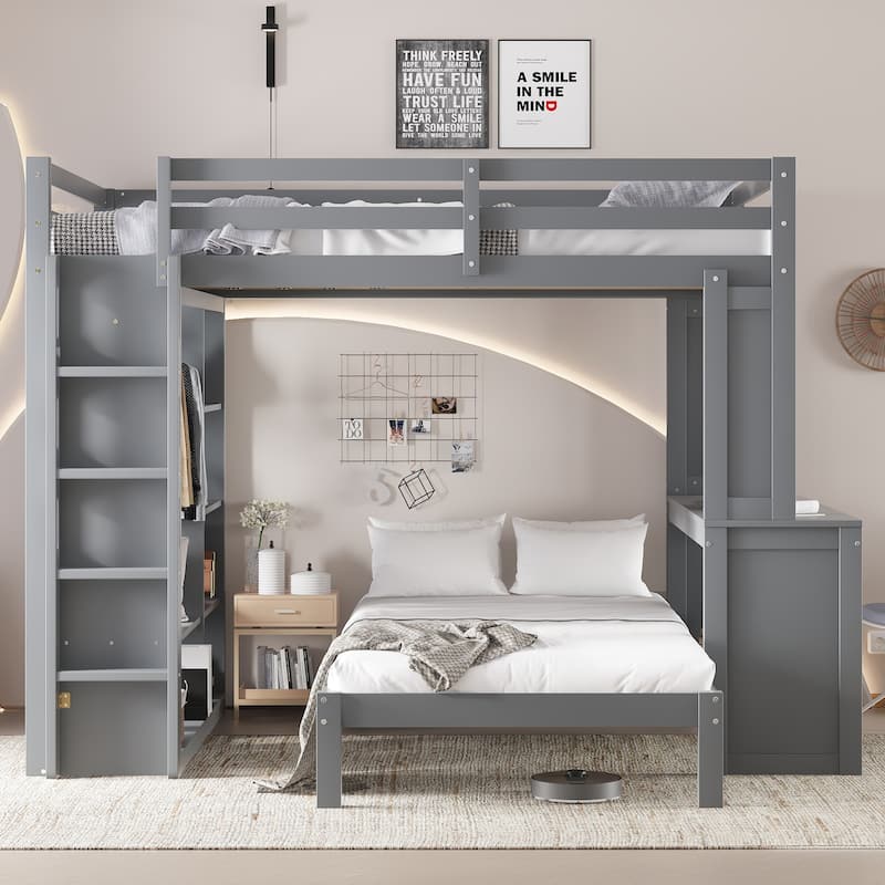 Queen Size Loft Bed & Twin Size Platform Bed Set, Wood Bunk Bed with Built-in Desk, Open Shelves and Wardrobe, Queen Over Twin