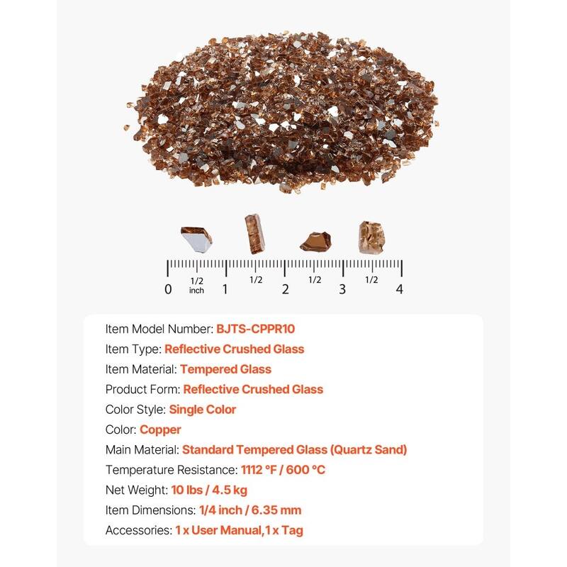Copper Tempered Crushed Glass Fire Pit Rocks 10 lbs Heat Resistant - 1/4 inch