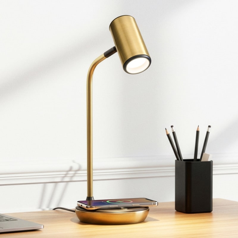 Brightech Ezra 16.5 in. Antique Brass Dimmable LED Industrial Desk Lamp with Wireless Charging Pad and Adjustable Lamp Head