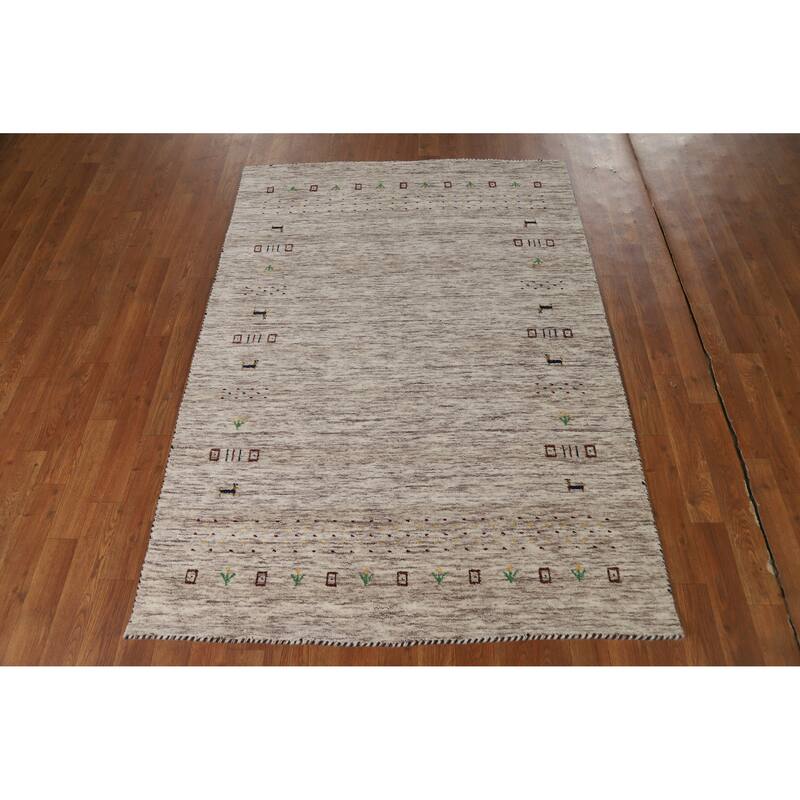 Hand Knotted Oriental 100% Wool Carpet Tribal Animal Pictorial Beige & Ivories Gabbeh Area Rug - 5' 9'' X 4' 0''