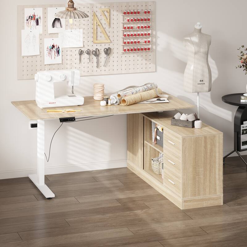 Super-Sized Standing Desk with Electric Lift - 63"x31.5"PC Desktop Electric Height Adjustable Standing Desk - Oak