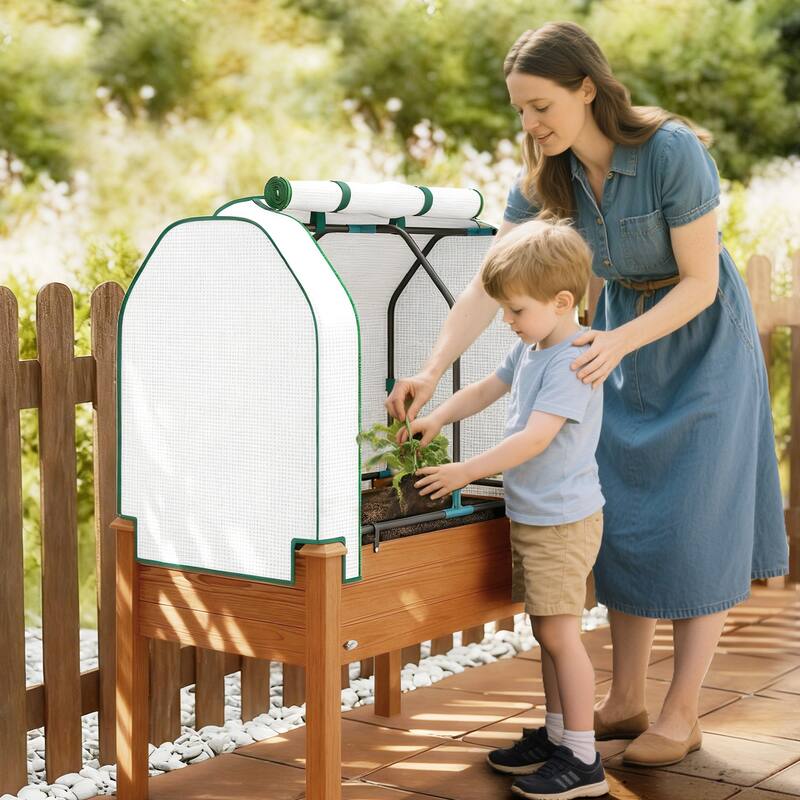 Outsunny Raised Garden Bed with PE Greenhouse Cover Outdoor Elevated Wood Planter Box , 35 x 22 x 47 inch