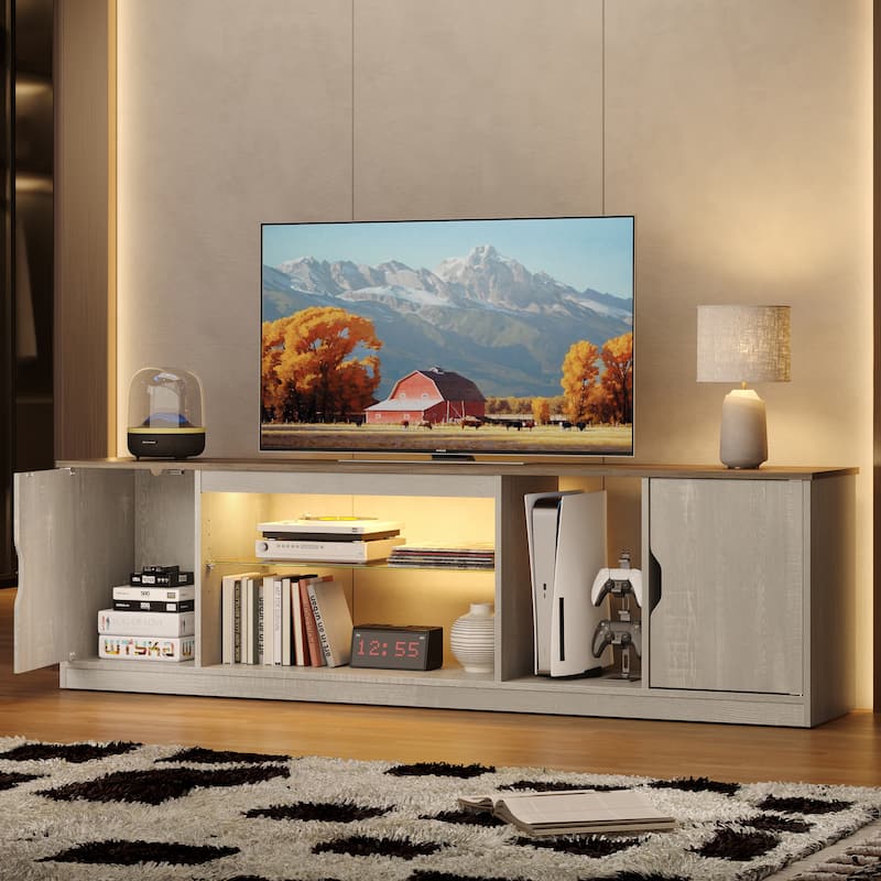 Bestier 70" TV Stand for TV, LED Gaming Entertainment Center with Storage Cabinet and Adjustable Tempered Glass Shelf - White