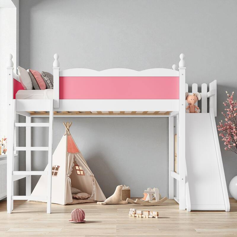 Full/Queen Loft Bed with Storage Shelves, Cabinet & Detachable Slide, Solid Wood Loft Bed with Ladders, No Box Spring - Light White Pink - Full