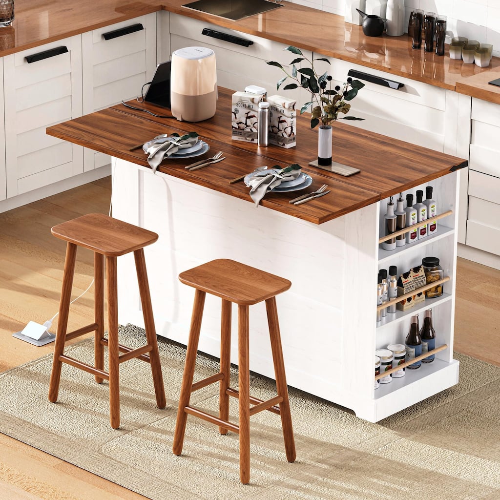 53'' Rolling Farmhouse Kitchen Island - Two Glass Cabinet Doors with Power Outlet