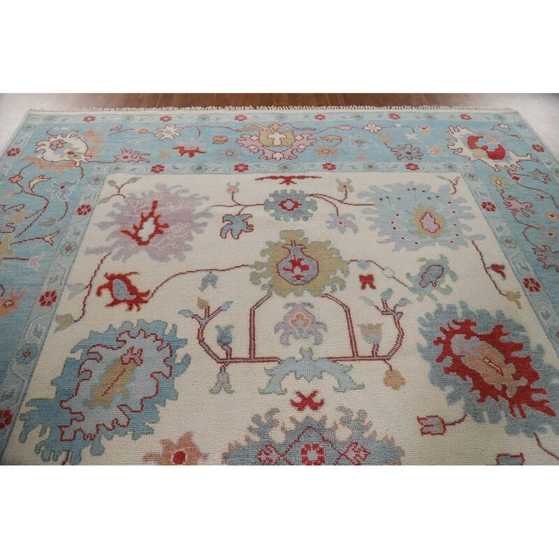 Floral Ivory Oushak Oriental Area Rug Hand-Knotted Wool Carpet - 9'1"x 12'0"
