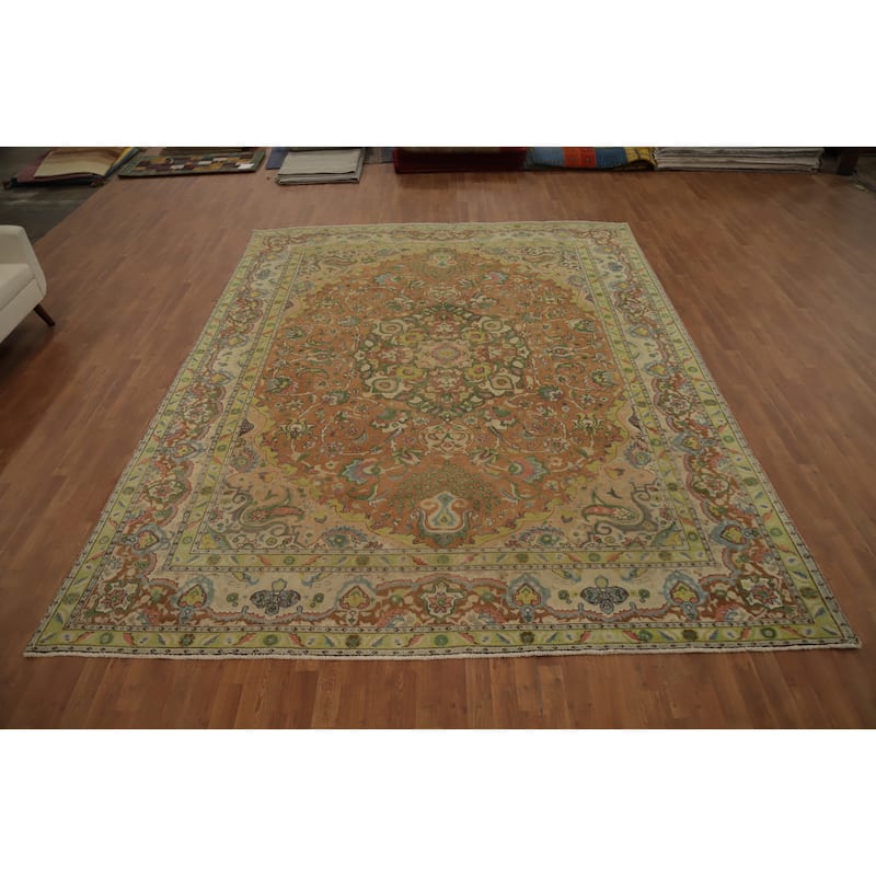 Hand Knotted Oriental 100% Wool Carpet Traditional Floral Oranges & Rust Tabriz Area Rug - 12' 10'' X 9' 9''