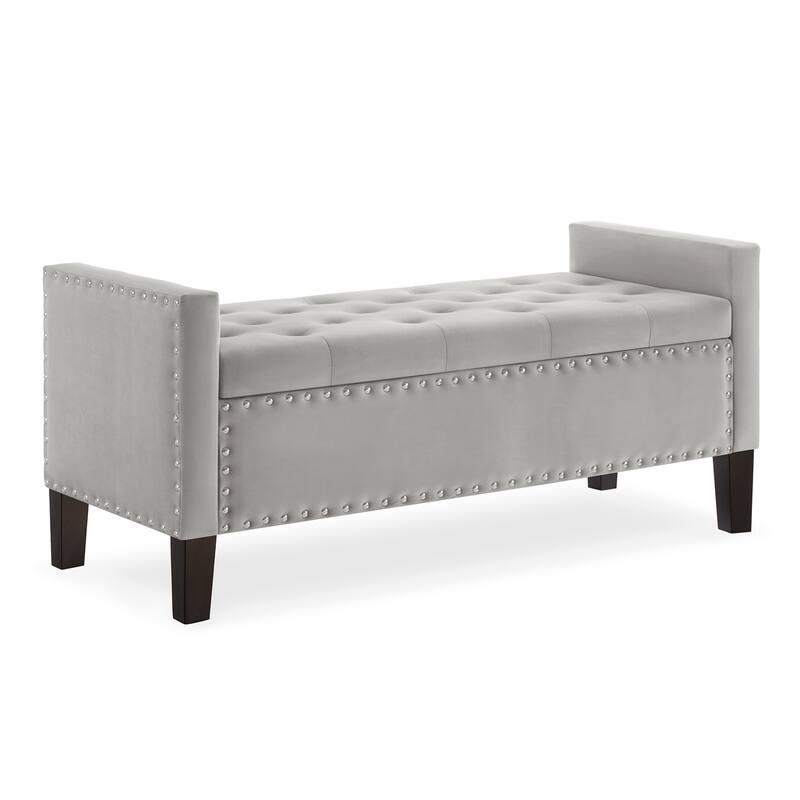 48"L Velvet Storage Bench, End Of Bed Upholstered Tufted Button Storage Bench With Nails Trim - Gray