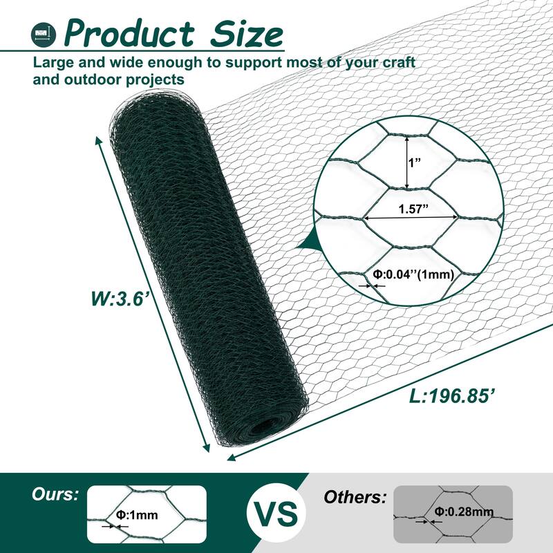GDFStudio - Harrison Galvanized Hexagonal Chicken Wire Large Size - 3.6ft x 196.85ft - Dark Green