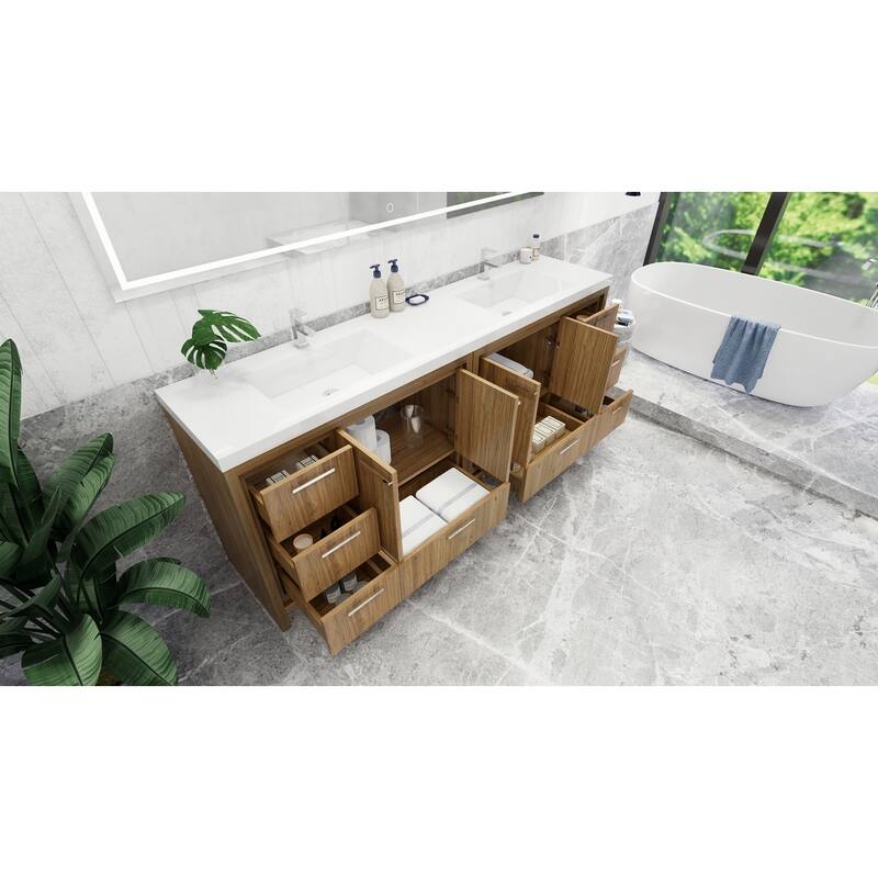 dolce 84 natural oak finish freestanding bath vanity with dual basin reinforced acrylic top