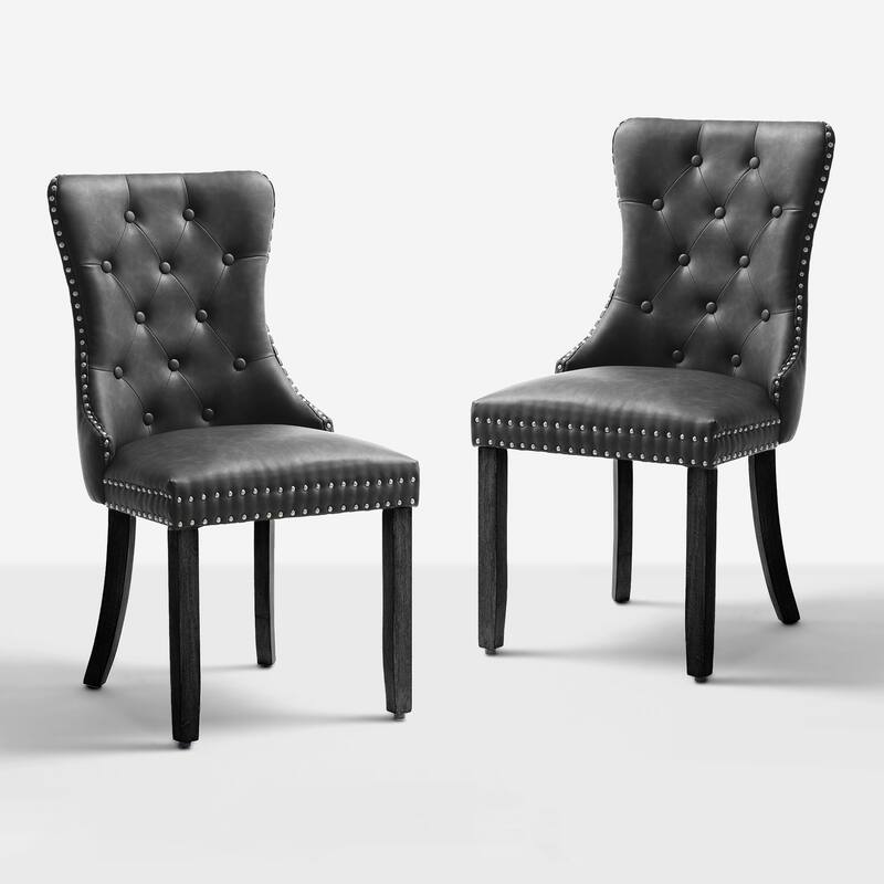 Faux Leather Dining Chairs with Nailhead Trim and Button Tufted Back (Set of 2). - Black