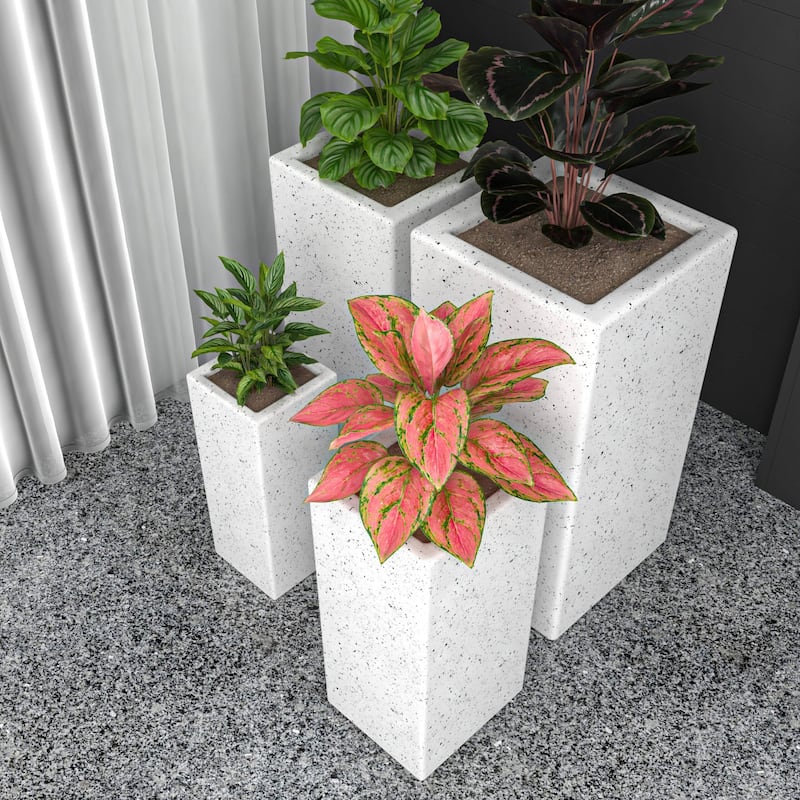 Terra 4-Piece Tall Square Fiberstone and MGO Clay Planter Set With Drainage Holes for Home Office Garden Patio Porch Yard
