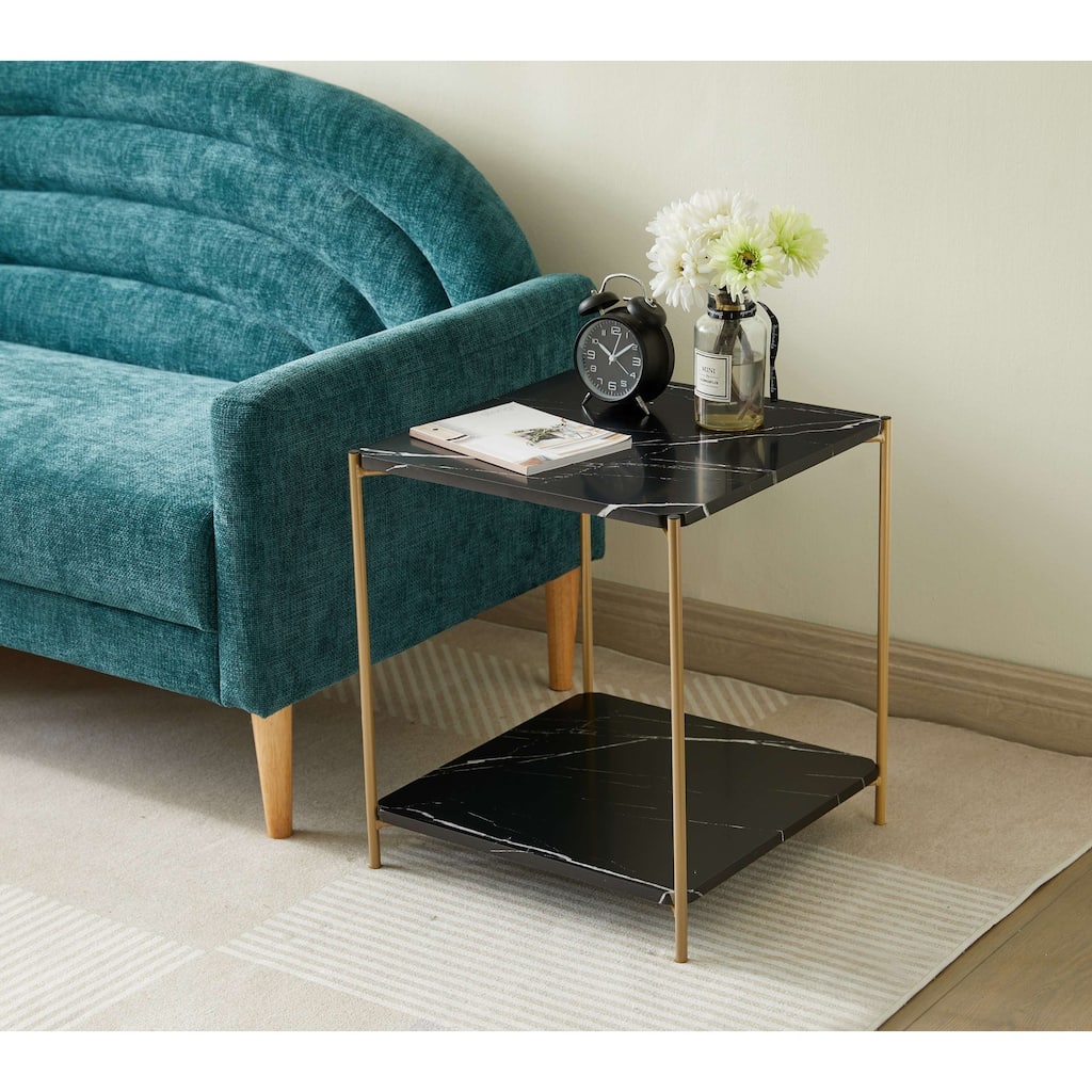 Side End Table - Nightstand Bed Side Table (Black/Gold)
