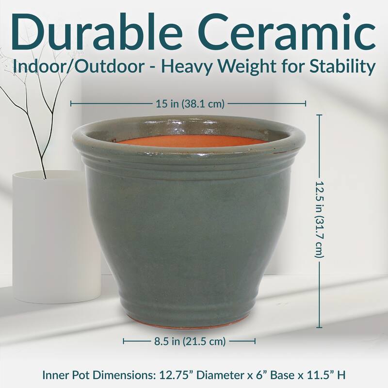 Sunnydaze Studio High-Fired Glazed Ceramic Planter - 15-Inch - Gray