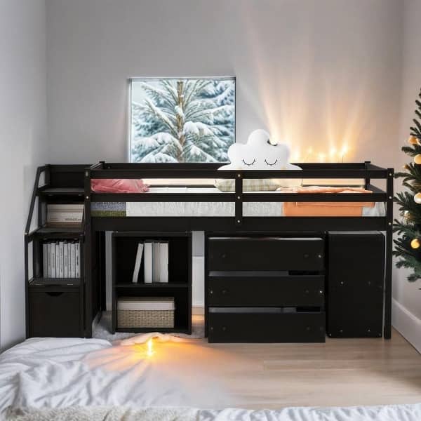 slide 2 of 55, Artsy Twin Size Loft Bed with Retractable Writing Desk and 3 Drawers, Wooden Loft Bed with Storage Stairs and Shelves, Espresso Espresso