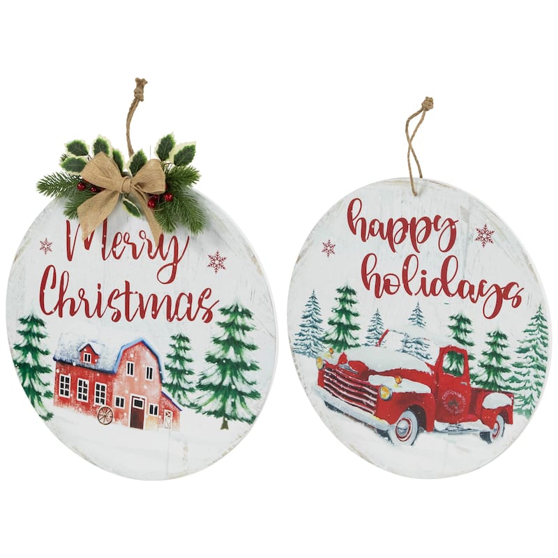Merry Christmas and Happy Holidays Wall Signs - 15.75" - Set of 2 - Red and Green